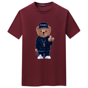 T-shirt blanc pour homme à col rond avec imprimé personnage d'ours, style streetwear, manches courtes, jersey de coton, coupe classique - Product Image 4
