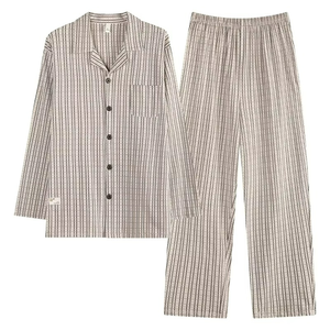 Ensemble de pyjama en coton pour homme, manches longues et coupe ample, deux pièces, respirant et confortable pour se détendre au printemps et en automne - Product Image 1