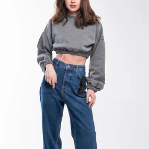 Sudadera con Capucha Corta Informal para Mujer, Diseño Sólido, Manga Larga, Cintura Elástica, Antiarrugas, Transpirable, Tejido de Punto 100% Algodón - Product Image 1