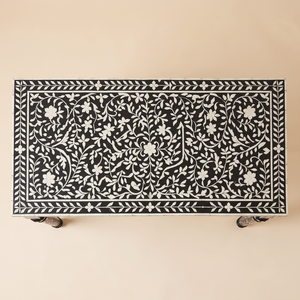 Table console de luxe noire à incrustations florales en os, meuble indien fait main pour salon et chambre à coucher - Product Image 3