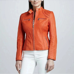 Chaqueta de Motociclista de Cuero PU Naranja, Cuello Alto, Cierre de Cremallera, Corte Ajustado, Estilo Biker con Bolsillos, Unisex, para Otoño - Product Image 2