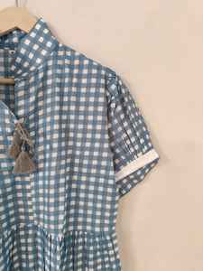 ชุดเดรสผ้าฝ้ายสีน้ำเงินสำหรับผู้หญิง, เดรสสั้นคอปกแขนสั้นทำมือสำหรับฤดูร้อน, เสื้อเชิ้ตสไตล์โบโฮลำลอง - Product Image 3