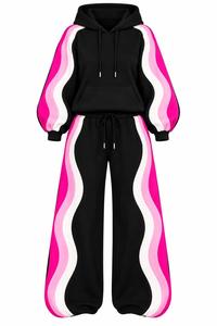 Conjunto Deportivo de 2 Piezas para Mujer, Color Negro, 100% Algodón, Invierno, Sudadera con Capucha y Pantalones Anchos con Cordón y Rayas Laterales - Product Image 4