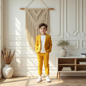 Custom Mustard Yellow Boys 2 Piece Suit | <b>Kids</b> Formal Blazer & Pants Set | <b>Ring</b> Bearer Wedding Party Suit - Product Image 2