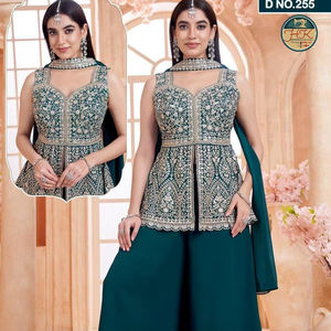 Conjunto de Kurti y Palazzo con Bordado Verde Azulado para Mujer, con Dupatta, Ropa Étnica para Fiestas y Bodas - Product Image 1
