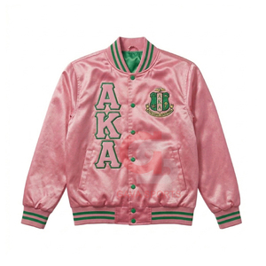 Veste AKA grecque personnalisée en satin de haute qualité pour femme, rose et verte, avec broderie et appliqué, pour sororité et veste courte pour femme - Product Image 2