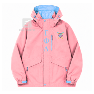 Chaqueta Impermeable Personalizada de la Hermandad Gamma Phi Delta, Color Azul Cielo y Rosa, Poliéster, Manga Larga, Cierre Frontal con Cremallera, Logotipo Bordado - Product Image 2
