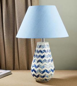 Modern Ceramic Table Lamp Blue Chevron Pattern <b>Bell</b> Shade LED Warm Light Bedroom Decorative <b>Small</b> Size Switch Control - Product Image 3