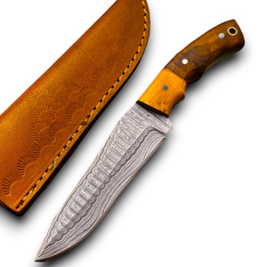 Cuchillo de Caza, Cocina y Camping de Acero de Damasco de Alta Calidad, Mango de Madera, Bisel Afilado, Hecho a Mano, Forjado a Mano, Funda, OEM, ODM, Venta al por Mayor - Product Image 1