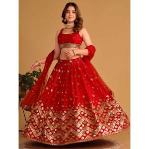 Belle rouge paillettes Georgette Lehenga Choli vêtements de fiançailles élégants pour les mariages - Product Image 6