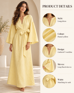Cotton Linen Blend <b>Maxi</b> <b>Dress</b> for Women Solid Light Yellow V Neck Kaftan Style Bell Sleeve Belted Casual Daily Wear - Product Image 4