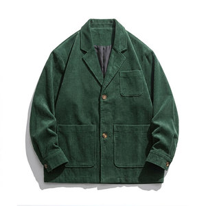 Blazer de pana para hombre de moda japonesa – Chaqueta informal de color liso con cuello de traje, diseño estampado de un solo botón - Product Image 1