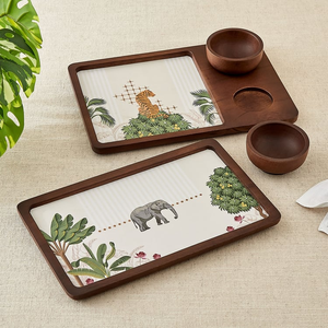 Rectangular Wooden <b>Decorative</b> Tray With <b>Elephant</b> And Plant Pattern Bohemian Style Animal Print Design - Product Image 3