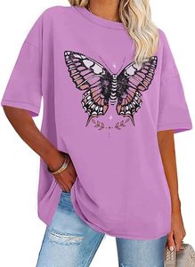 T-shirt ample à manches courtes et col rond pour femme, imprimé papillon violet, coupe décontractée, printemps-été - Product Image 6