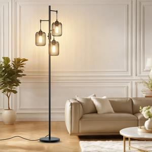 Lampadaire industriel en métal noir avec abat-jour en cage et support E27 pour intérieurs modernes - Product Image 6