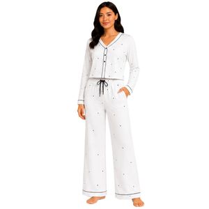 Manufacturer Womens White and <b>Black</b> Long Sleeve Crop Cardigan Wide Leg <b>Pajama</b> <b>Set</b> Soft Breathable Lounge Sleepwear Custom OEM - Product Image 1