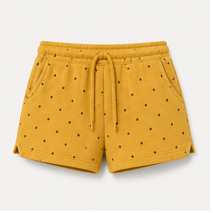 Shorts de détente personnalisés pour femme, couleur moutarde, à pois, coupe décontractée, avec cordon de serrage, en coton bouclé French Terry - Product Image 1