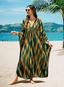 Robe Abaya Maxi Col V Manches Trois-Quarts Coupe Ample Motif Tie-Dye Vêtement d'Été Bohème en Rayonne pour Femme - Product Image 2