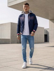Men's Navy Quilted Hooded <b>Jacket</b> With Embroidery Logo Zipper Closure Casual Autumn Wear - Product Image 1