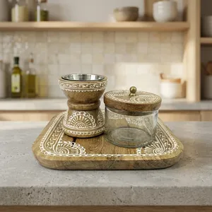 Ensemble brûle-encens en bois style bohème sur plateau carré avec motifs floraux blancs peints à la main, coupelle en métal et pot de rangement en acrylique - Product Image 6