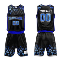 Conjunto de Uniforme de Baloncesto Personalizado Unisex, Negro y Azul con Estampado Geométrico Sublimado, Transpirable, Ajuste Atlético, Tallas para Adultos