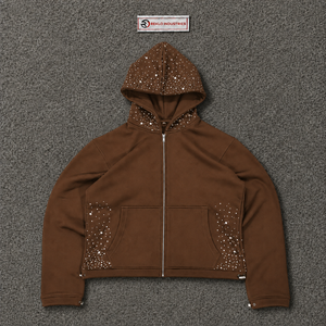 Sweat à capuche marron à strass, coupe oversize, style streetwear, fermeture éclair intégrale, personnalisé, mode décontractée, unisexe, pour l'hiver - Product Image 5