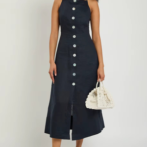 Women's Navy Blue Maxi Dress Mandarin Collar Bell Sleeve Sweet Breathable Linen Regular Fit Button Front All Seasons Casual - Product Image 1