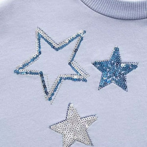 Suéter de Punto con Cuello Redondo y Manga Larga, Bordado con Parches de Estrellas, para Otoño e Invierno, Color Azul Lavanda, de Algodón, con Lentejuelas - Product Image 1