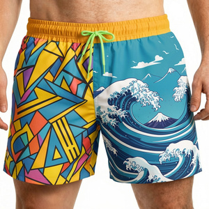 Shorts de Baño para Hombre, de Secado Rápido, con Estampado Geométrico de Ondas, Cintura Media, Cordón Ajustable, Casuales, 100% Poliéster, Tejido de Punto - Product Image 1