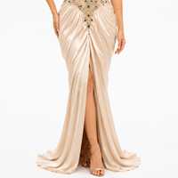 Robe de soirée moderne en satin champagne New Vision pour femmes |   Robe longue droite à bretelles spaghetti brodée