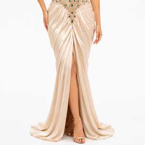 Robe de soirée moderne en satin champagne New Vision pour femmes |   Robe longue droite à bretelles spaghetti brodée, coupe classique - Product Image 3