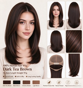 วิกผมมนุษย์แท้ 100% สีน้ำตาลชาเข้ม วิกผมตรงยาวปานกลางสำหรับผู้หญิง วิกผมทรงเลเยอร์ดูเป็นธรรมชาติสำหรับสวมใส่ทุกวัน - Product Image 6