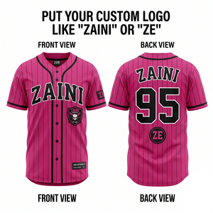 เสื้อเบสบอลยูนิเซ็กซ์ 180 GSM ผ้าโพลีเอสเตอร์พรีเมียม ระบายอากาศได้ดี แห้งเร็ว พิมพ์ลายแบบรีดร้อน สีชมพู-ดำ ลายเส้น สามารถสั่งทำได้ - Product Image 1