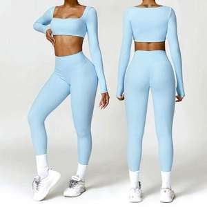 Conjunto Deportivo de Yoga para Mujer, Estilo Urbano, Cuello Cuadrado, Transpirable, Manga Larga, Cintura Elástica, Felpa, para Gimnasio - Product Image 3