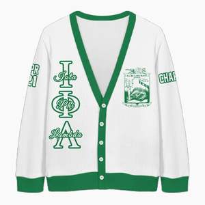 Cardigan tricoté personnalisé pour femmes Iota Phi Lambda, blanc et vert émeraude, avec lettres, blason, numéro et année, boutonné sur le devant - Product Image 5