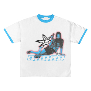 T-shirt Ringer en Coton Premium 240 GSM Blanc avec Bordure Contrastante Bleu Ciel, Impression Graphique DTG, Logo Personnalisé, Streetwear - Product Image 1