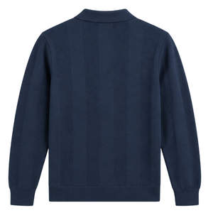 Polo de Punto de Manga Larga Azul Marino para Hombre, con Rayas Verticales Texturizadas, Cuello Acanalado, Estilo Casual, Prenda Superior de Moda Premium - Product Image 2