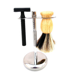 Juego Premium de 3 Piezas: Maquinilla de Afeitar, Brocha y Soporte Metálico Duradero para Afeitado en Húmedo, Organizador Clásico para Baño y Barbería - Product Image 1