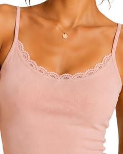 Light Pink Women Lace Trim Ribbed <b>Cami</b> Tank <b>Top</b> Spaghetti Strap Sleeveless Cotton Slim Fit Casual Summer <b>Crop</b> Vest Fashion Wear - Product Image 5