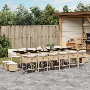 Set da pranzo in Poly Rattan Beige da 17 pezzi con cuscini per il tempo libero in giardino - Product Image 1