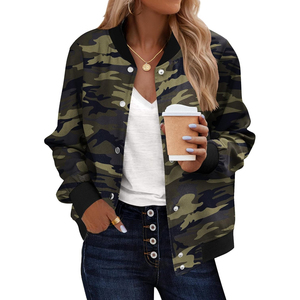 Chaqueta Bomber de Camuflaje para Mujer, Manga Larga, Cuello Camisero, Cierre de Botón, Estampada, de Poliéster, para Otoño - Product Image 1