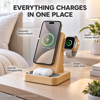 Station de charge magnétique 3-en-1 en bambou pour iPhone, Apple Watch et AirPods - Organisateur de bureau moderne et écologique avec câble dissimulé pour chevet