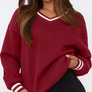 <b>Sweatshirt</b> Dark Brown <b>V</b> <b>Neck</b> Hoodies <b>Women</b> Long Sleeve 100% Cotton Knitted Breathable Pullover Loose Fit Streetwear OEM Custom - Product Image 1