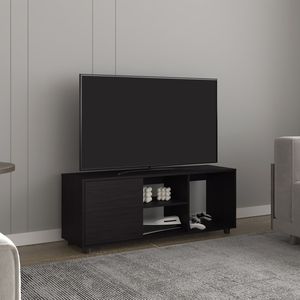 Mobile TV Adel 51 Wide Nero con un'anta, quattro ripiani aperti e sistema di gestione cavi per soggiorno o sala TV - Product Image 1