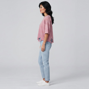T-shirt en coton décontracté pour femme, col rond, manches courtes, coupe ample, couleur unie, effet vieilli et délavé, printemps-été - Product Image 3