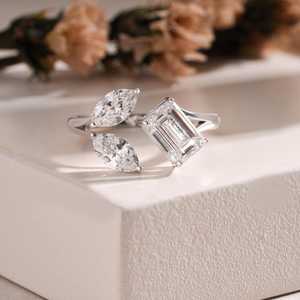 Emerald & Marquise Cut Moissanite <b>Open</b> Cuff <b>Ring</b> For Women's 925 Silver For Wedding Proposal Gift For Lover - Product Image 1