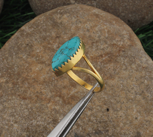Shree Jaipur Silver Handcrafted Silver Marquise Blue <b>Turquoise</b> <b>Ring</b> Serrated Edge Bezel Setting Gemstone Band Unisex Fine - Product Image 4