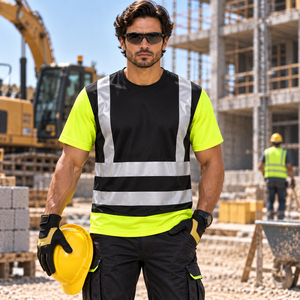 Men's <b>Hi</b> Visibility Reflective Work <b>T</b>-<b>Shirt</b> Black Yellow Short Sleeve Safety <b>Shirt</b> Polyester Construction Uniform - Product Image 1