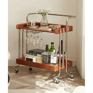 Carrito de Servicio Moderno de Madera con Estructura Metálica y Ruedas, Carrito de Bar Rectangular de Dos Niveles, Carrito de Cocina Móvil para el Hogar - Product Image 2