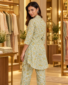 Ensemble deux pièces pour femmes de qualité supérieure, motif floral vert olive, chemise longue boutonnée Kurti, pantalon imprimé décontracté - Product Image 4
